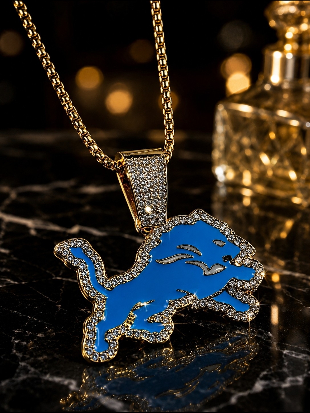 Detroit Lions Blue Lion Pendant Necklace Gold Tone Iced CZ Style Chain